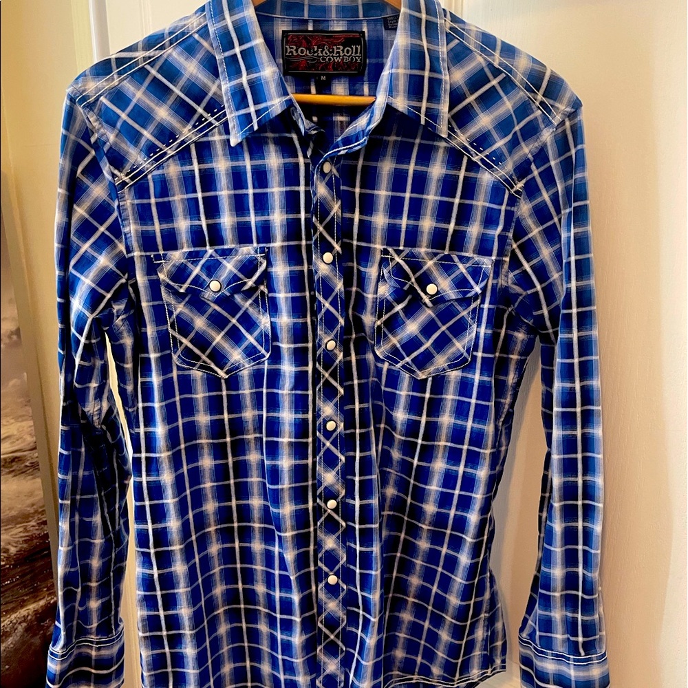 Mens Medium Rock & Roll Cowboy long sleeve white button snap shirt.